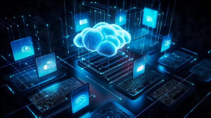 Cloud Technology, Computing. Devices Connected To Digital Storage